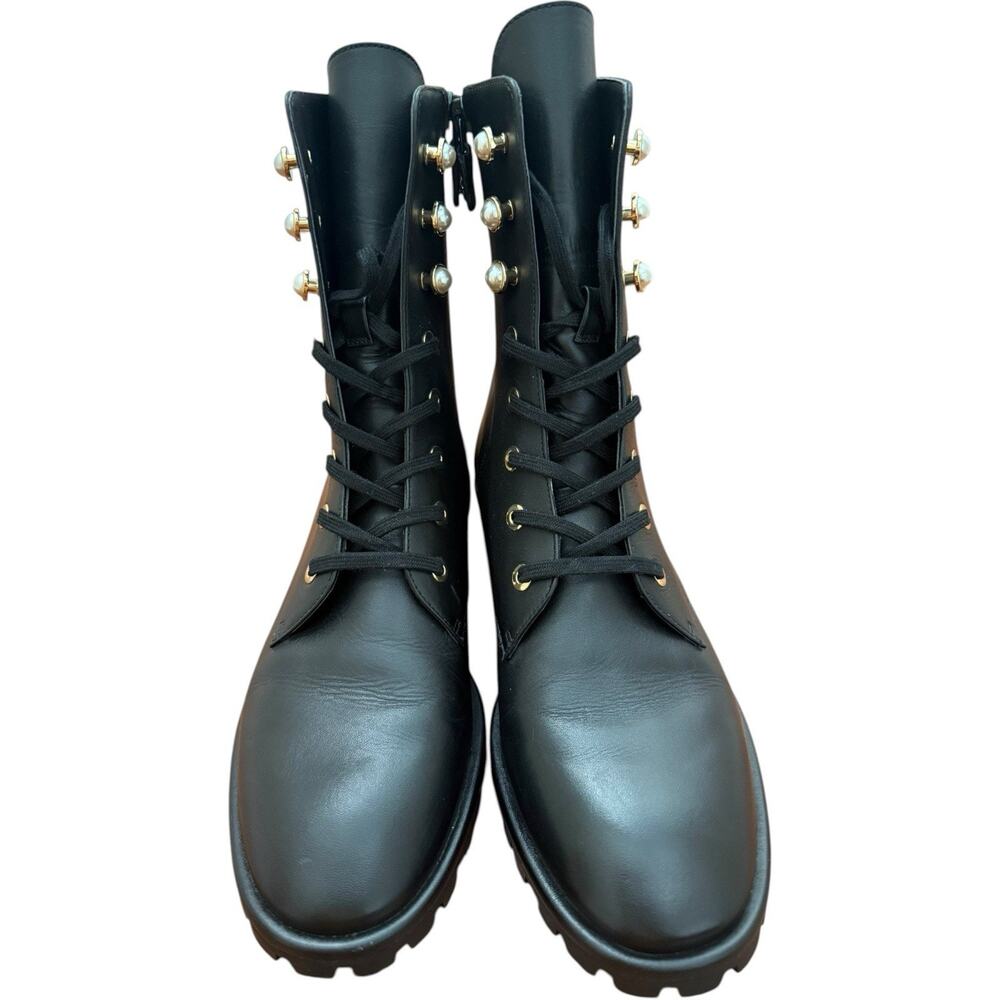 Stuart Weitzman Laine Pearl Leather Combat Boot In Black Size 8 - Picture 3 of 13
